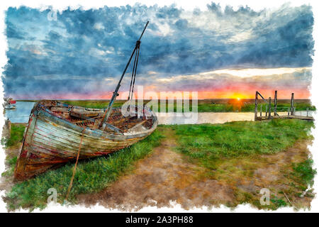 La pittura ad acquerello di un drammatico tramonto su una vecchia barca da pesca sulla riva a Thornham sulla costa nord di Norfolk Foto Stock