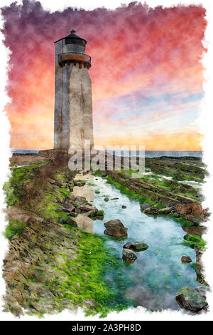 La pittura ad acquerello di una splendida alba sopra il faro di Southerness sulla costa di Galloway in Scozia Foto Stock