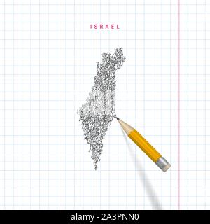 Israele lo schizzo scribble mappa tracciata sulla scuola a scacchi notebook lo sfondo della carta. Disegnata a mano mappa vettoriale di Israele. 3D realistiche Matita con gomma. Illustrazione Vettoriale