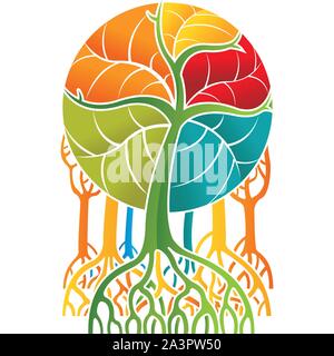 Disegno del gruppo multicolore di mangrovie con lunghe radici e le foglie colorate che formano un cerchio su sfondo bianco.immagine vettoriale Illustrazione Vettoriale