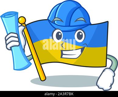 Architetto bandiera ucraina volato sopra polo cartoon Illustrazione Vettoriale