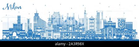 Profilo Milano Italia skyline della città con edifici di colore blu. Illustrazione Vettoriale. Viaggi di lavoro e di concetto con architettura storica. Illustrazione Vettoriale
