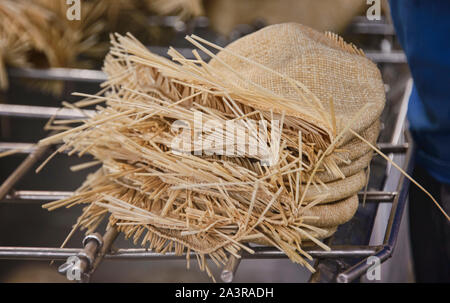 Scene da un cappello di Panama (paja toquilla) fabbrica in Cuenca, Ecuador Foto Stock