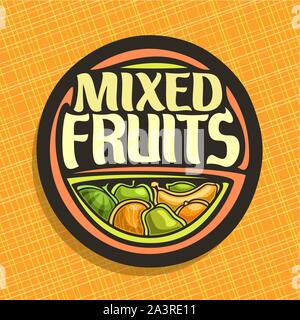 Il logo del vettore per frutti, firmare con set di cocomero, mela verde, lime aspro, tropicali Frutta banana, melone dolce, fresco pera e arance mature, veg mix l Illustrazione Vettoriale
