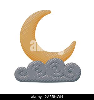 Vettore isolato illustrazione della luna gialla dormire in cloud ricci durante la notte o la sera prima di addormentarsi. Cartoon meteo poster del chiaro di luna Illustrazione Vettoriale