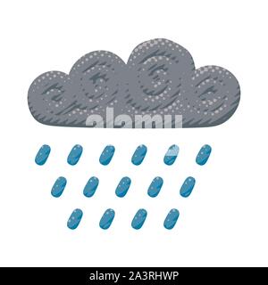 Fumetto illustrazione vettoriale di nuvoloso temporale e caduta di acqua dal cloud. Previsioni del fumetto pop art di gocce di pioggia dal cloud ricci Illustrazione Vettoriale