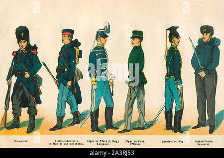 Le divise dell'esercito belga nel campo. Da sinistra a destra 1. Granatiere 2. Fanteria di linea in soprabito e cappello. 3. Jager a cavallo (1Reg.) Foto Stock