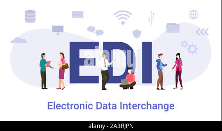 Edi electronic data interchange concetto con grande parola o il testo e il team di persone con un moderno stile piatto - illustrazione vettoriale Foto Stock