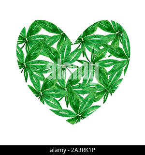 Forma di cuore con foglie di cannabis isolati su sfondo bianco Foto Stock
