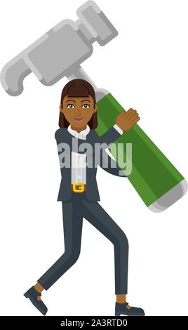 Asian Business Woman Holding martello concetto mascotte Illustrazione Vettoriale