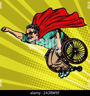 Uomo supereroe in pensione disabili in sedia a rotelle. La salute e la longevità delle persone anziane. La Pop art retrò illustrazione vettoriale disegno kitsch vintage Illustrazione Vettoriale