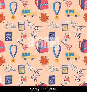 Scuola, l'istruzione seamless pattern sul beige scuro dello sfondo. Zaino, scuola bus, matematica etc elementi grafici. Carta da parati moderna istruzione backgdrop design. Vettore disegnati a mano illustrazione. Illustrazione Vettoriale