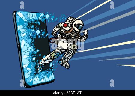 Scientifici applicazioni online concetto. Astronauta corre attraverso uno smartphone. Internet Online application service program. La Pop art vettore retrò illustr Illustrazione Vettoriale