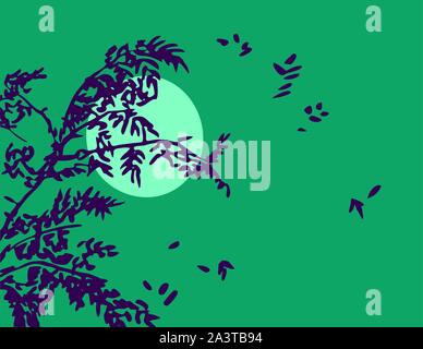 Misterioso paesaggio con alberi e foglie nel vento, retroilluminato dalla luna. Illustrazione Vettoriale