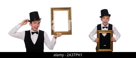 Il ragazzo con il photo frame isolato su bianco Foto Stock