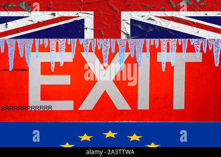 Concetto Brexit firmare con il Regno Unito e la bandiera UE con ghiaccioli sulla parte superiore del segnale di uscita e la parola brrr che mette insieme dà brexit Foto Stock