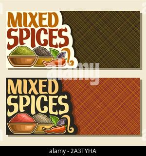 Banner di vettore per le spezie, spazzola originale carattere tipografico per titolo testo misto di spezie, in ciotole di condimenti indiani terreno semi di finocchio, polvere di paprica sp Illustrazione Vettoriale