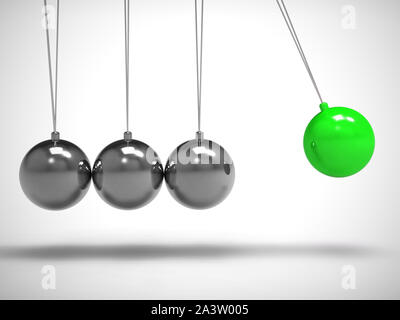 Newton culla pendolo con sfera o sfera mostra impatto ed effetto. Swinging ipnotico esperimento fisico - 3d illustrazione Foto Stock