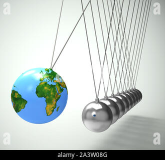 Newton culla pendolo con sfera o sfera mostra impatto ed effetto. Swinging ipnotico esperimento fisico - 3d illustrazione Foto Stock