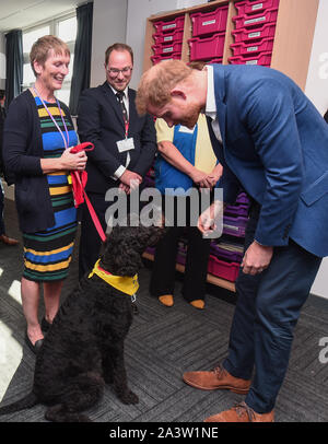 Il Duca di Sussex incontra Barney la terapia cane durante una visita a Nottingham Academy durante la sua visita a segnare giornata mondiale della salute mentale. Foto Stock