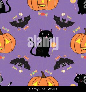 Divertimento disegnati a mano il design di Halloween con i gatti, pipistrelli, zucche e dolci golosità. Vettore di Seamless pattern su sfondo viola con sottili spiderweb texture Illustrazione Vettoriale