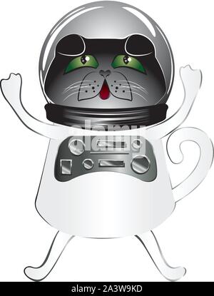Carino chiedendo gatto nero indossando spaceman tuta. Illustrazione Vettoriale