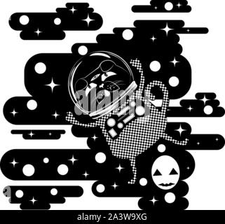 Carino chiedendo gatto nero indossando spaceman tuta. Illustrazione Vettoriale