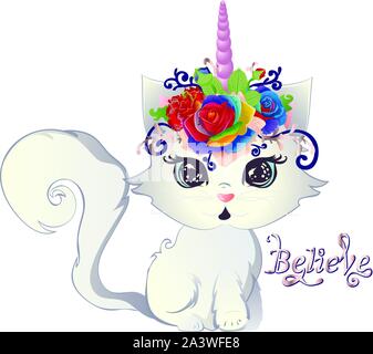 Carino dagli occhi blu cucciolo bianco con tromba decorata con rose e fiori. Illustrazione Vettoriale