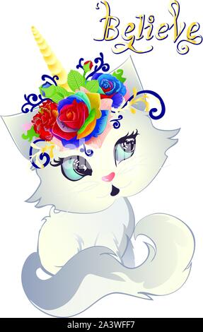 Carino dagli occhi blu cucciolo bianco con tromba decorata con rose e fiori. Illustrazione Vettoriale