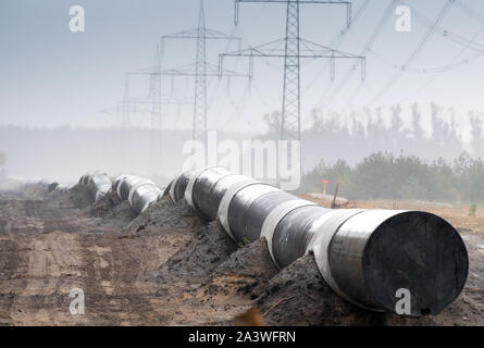 27 settembre 2019, il Land Brandeburgo, Baruth/Mark: tubi per il gas europeo Eugal Link si trovano vicino Radeland nel distretto di Teltow-Fläming su un percorso in corrispondenza del bordo della foresta. La pipeline integrata da GASCADE Gastransport GmbH prevede il trasporto di gas dal Nord Stream 2 dal Mar Baltico più a sud. A 272 chilometri, la sezione più lunga del 480-chilometro gasdotto da Lubmin alla Repubblica Ceca viene eseguito attraverso il Land di Brandeburgo. Foto: Soeren Stache/dpa-Zentralbild/ZB Foto Stock