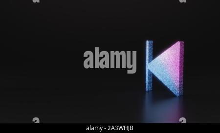 Glitter neon rosa violetto ombre simbolo di arresto posteriore sinistro con linea sottile 3D rendering su sfondo nero con riflessione sfocata con bagliori Foto Stock