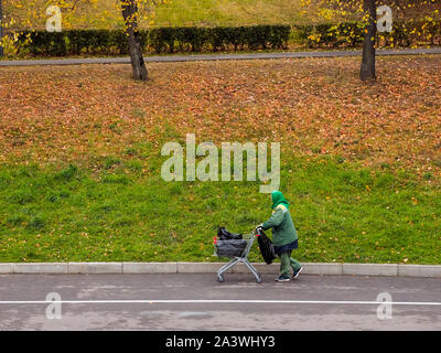 Una donna in tuta verde porta i sacchetti di plastica in un carrello della spesa. La procedura di garbage collection in autunno park. Alloggi e servizi comunali bidello a wor Foto Stock