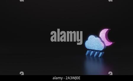 Glitter neon rosa violetto ombre simbolo della nube di pioggia con copre parzialmente moon 3D rendering su sfondo nero con riflessione sfocata con bagliori Foto Stock