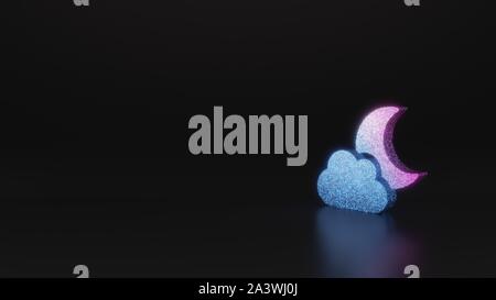 Glitter neon rosa violetto ombre simbolo della nube copre parzialmente moon 3D rendering su sfondo nero con riflessione sfocata con bagliori Foto Stock