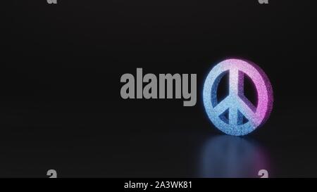 Glitter neon rosa violetto ombre simbolo di pace 3D rendering su sfondo nero con riflessione sfocata con bagliori Foto Stock