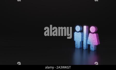 Glitter neon rosa violetto ombre simbolo della toilette 3D rendering su sfondo nero con riflessione sfocata con bagliori Foto Stock