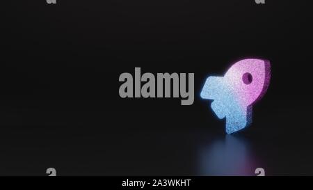 Glitter neon rosa violetto ombre simbolo del razzo 3D rendering su sfondo nero con riflessione sfocata con bagliori Foto Stock