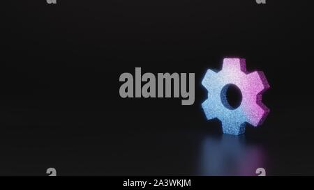 Glitter neon rosa violetto ombre simbolo della ruota dentata 3D rendering su sfondo nero con riflessione sfocata con bagliori Foto Stock