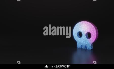 Glitter neon rosa violetto ombre simbolo del cranio 3D rendering su sfondo nero con riflessione sfocata con bagliori Foto Stock