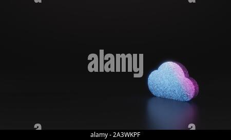 Glitter neon rosa violetto ombre simbolo di cloud 3D rendering su sfondo nero con riflessione sfocata con bagliori Foto Stock