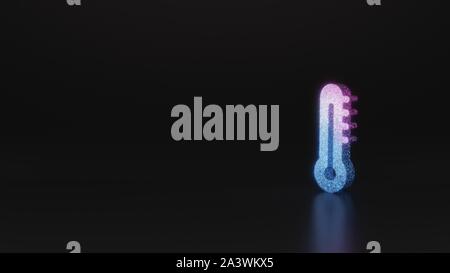 Glitter neon rosa violetto ombre simbolo del termometro 3D rendering su sfondo nero con riflessione sfocata con bagliori Foto Stock