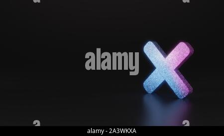 Glitter neon rosa violetto ombre simbolo del segno di tempi di rendering 3D su sfondo nero con riflessione sfocata con bagliori Foto Stock