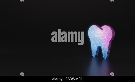 Glitter neon rosa violetto ombre simbolo del dente 3D rendering su sfondo nero con riflessione sfocata con bagliori Foto Stock