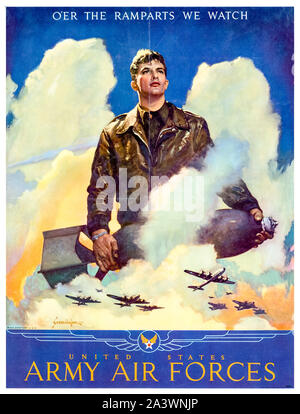 American, US, WW2, poster motivazionale, O'er i Bastioni ci guarda, United States Army Air Forces, (airman con bombe), 1941-1945 Foto Stock