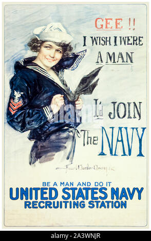 American, US, WW1, poster di reclutamento, Gee! Mi auguro che io sono un uomo, mi piacerebbe partecipare alla Marina, essere un uomo di farlo, Marina degli Stati Uniti il reclutamento di stazione (donna in uniforme dei marinai), 1910-1920 Foto Stock