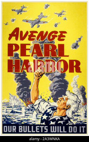 American, US, WW2, poster motivazionale, vendicare Pearl Harbor, i nostri proiettili faranno, (lo zio Sam sventolando pugno contro gli aerei giapponesi), 1941-1945 Foto Stock