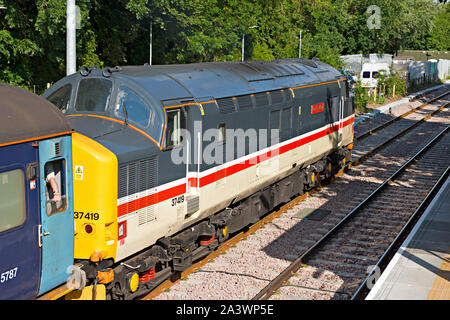 British Railways classe 37 locomotiva diesel n. 37419) sulla parte posteriore di un treno passeggeri da Lowestoft sulla Wherry linee in Norfolk, Regno Unito Foto Stock