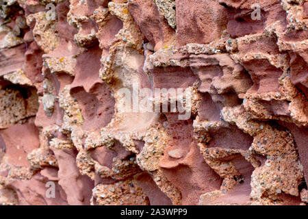 Un immagine astratta di un vecchio muro, dove il soft red di blocchi di pietra arenaria sono stati erodendo la via più veloce del più duro della malta di cemento. Foto Stock