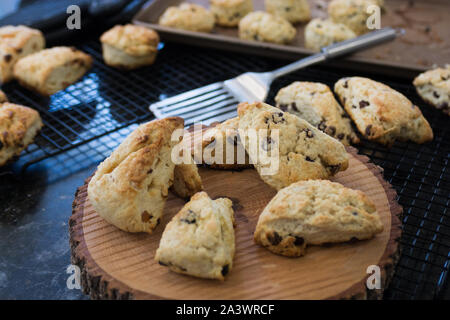 Focaccine fresche a destra fuori del forno è stata fatta in una classe per un orto biologico utilizzando semplici ingredidents, visualizzato su un ceppo di legno Foto Stock