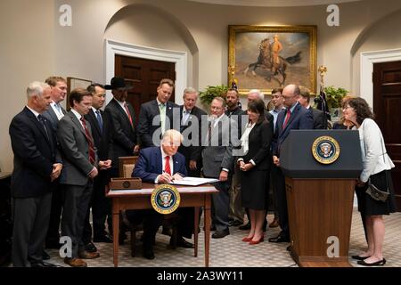 Washington, Stati Uniti d'America. 09 ottobre, 2019. U.S presidente Donald Trump segni degli ordini esecutivi in materia di trasparenza nella Guida federale e l'esecuzione durante una cerimonia che si terrà nella Sala Roosevelt della Casa Bianca il 9 ottobre 2019 a Washington, DC. Credito: Shealah Central Plaza Hotel/White House foto/Alamy Live News Foto Stock